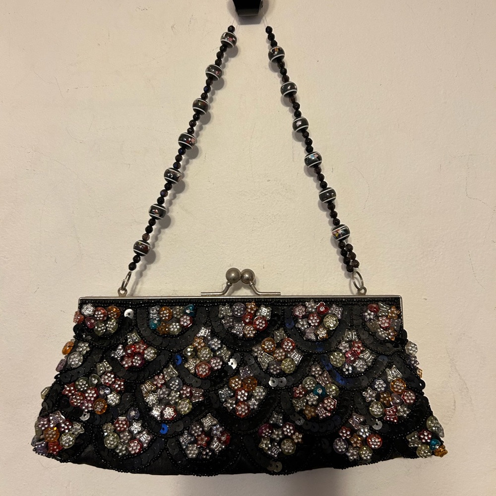 Vintage Black Beaded Gold Detail Chain Evening Purse